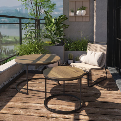 Nesting Coffee Table Set Of 2, 27.6inch Round Coffee Table Industrial Wood Finish With Sturdy Metal