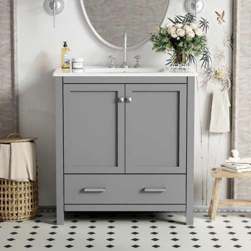 30 Zoll Graues Badezimmer-Waschbecken mit Einzelsenkbecken, Kombi-Schranksenkbecken, Badezimmer-Aufbewahrungsschrank mit 2 Türen und einer Schublade, weiches Schließen, multifunktionale Aufbewahrung, Rahmen aus Massivholz
