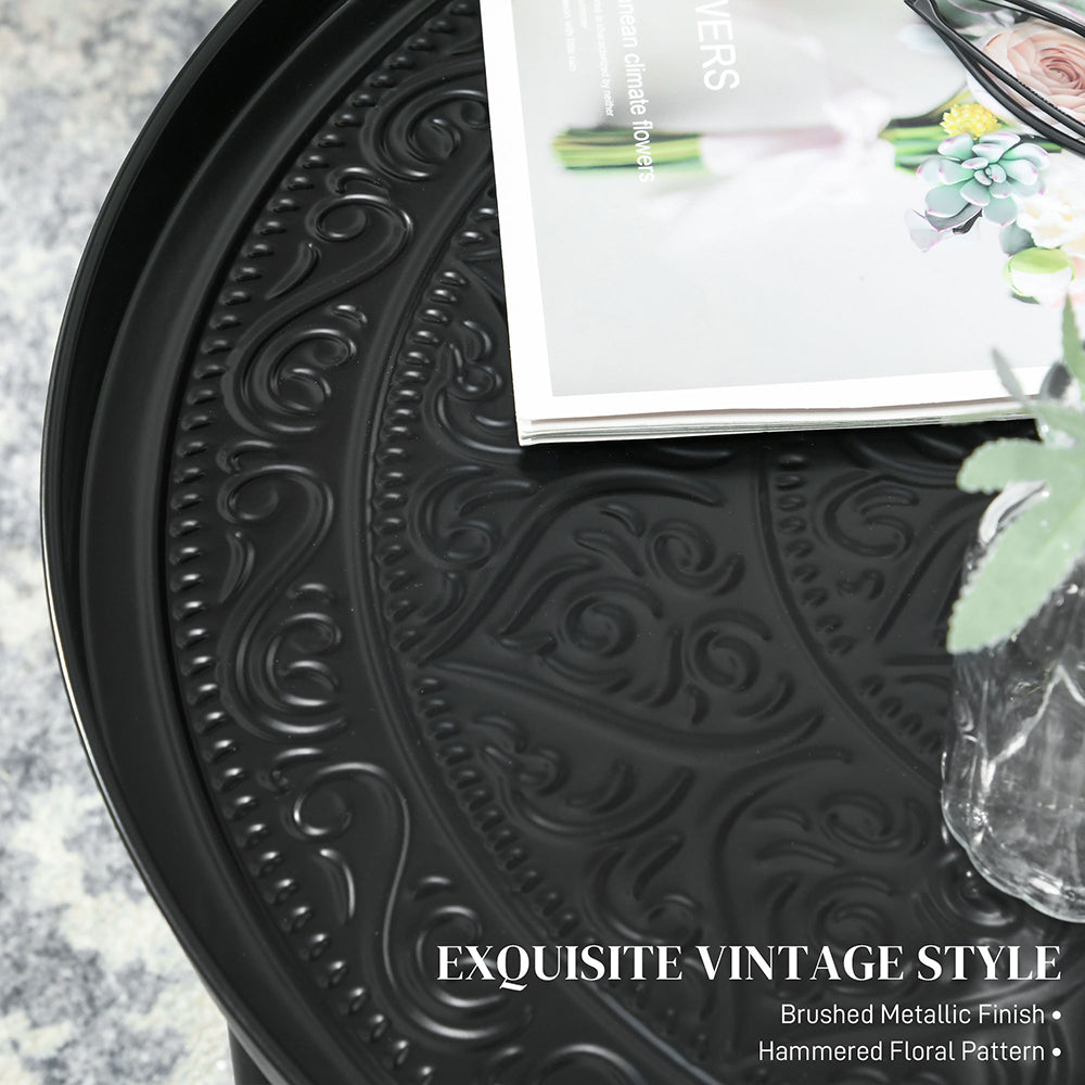 Coffee Table For Living Room, 24inch Round Center Table With Hammered Tray Top And Metal Frame For Bedroom, Black