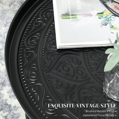 Coffee Table For Living Room, 24inch Round Center Table With Hammered Tray Top And Metal Frame For Bedroom, Black