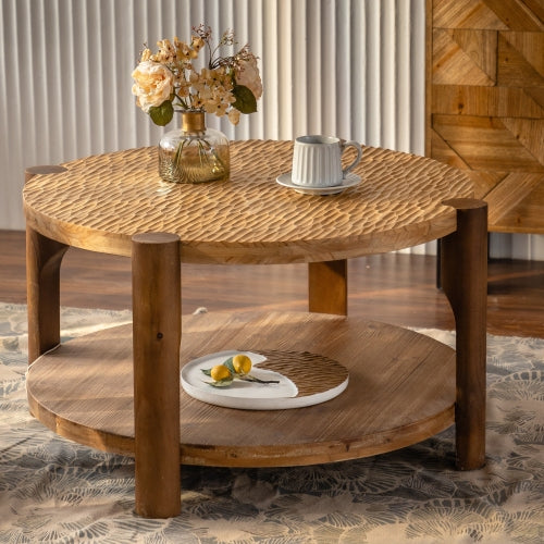 Mesa de Centro Redonda de Madera Maciza para Sala de Estar, Mesa de Centro Redonda de 2 Niveles con Estante de Almacenamiento, Mesa de Centro de Estilo Moderno de Mediados de Siglo, Espacio Pequeño en el Hogar, Ensamblaje Fácil