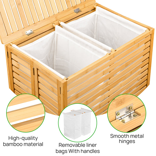 Cesta de Lavandería de Bambú con Tapa - Cesta de Lavandería Plegable con 2 Secciones de Bolsillos Forrados Desmontables para Baño, Dormitorio y Lavandería