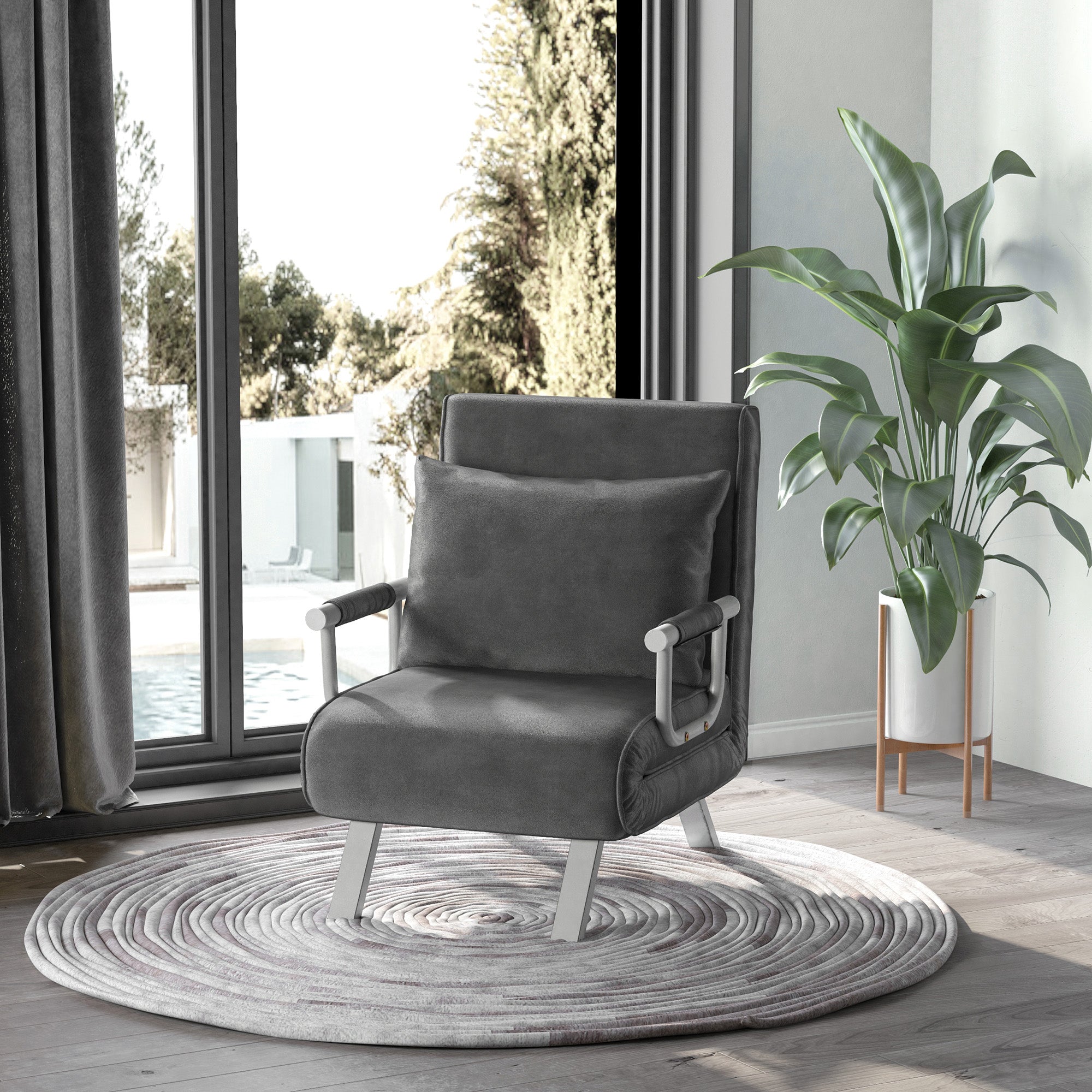 Sofá Cama Convertible Plegable de 5 Posiciones Silla de Dormir con Almohada Estructura de Acero Gris Oscuro