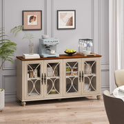Elegantes europäisches Antiquitäten-Stil 4-Türenschrank mit gehärteten Glastüren, für Esszimmer, Wohnzimmer, Flur, einfache Montage, Beige