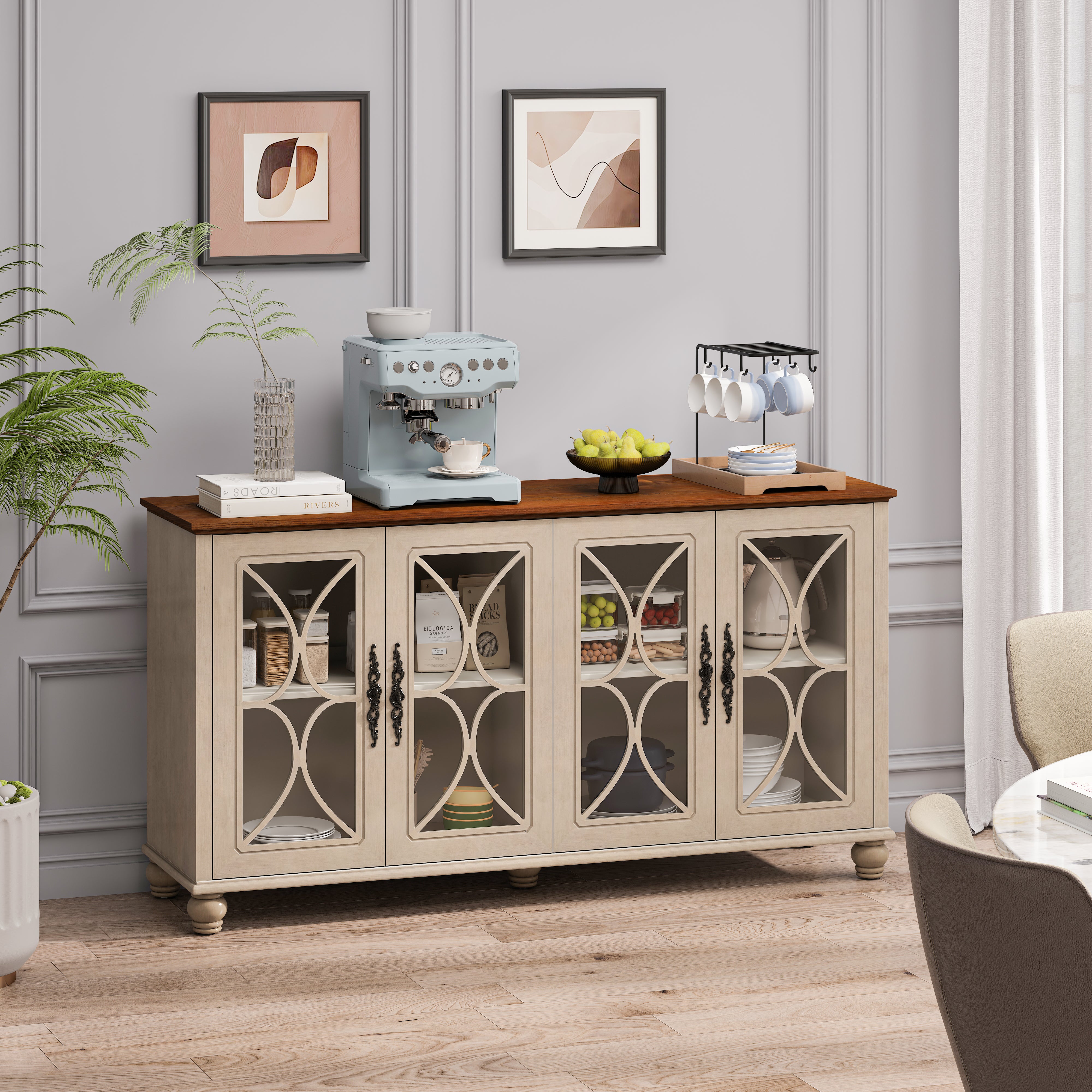 Elegante Gabinete de Estilo Antiguo Europeo con 4 Puertas de Vidrio Templado, para Comedor, Sala de Estar, Pasillo, Ensamblaje Fácil, Beige