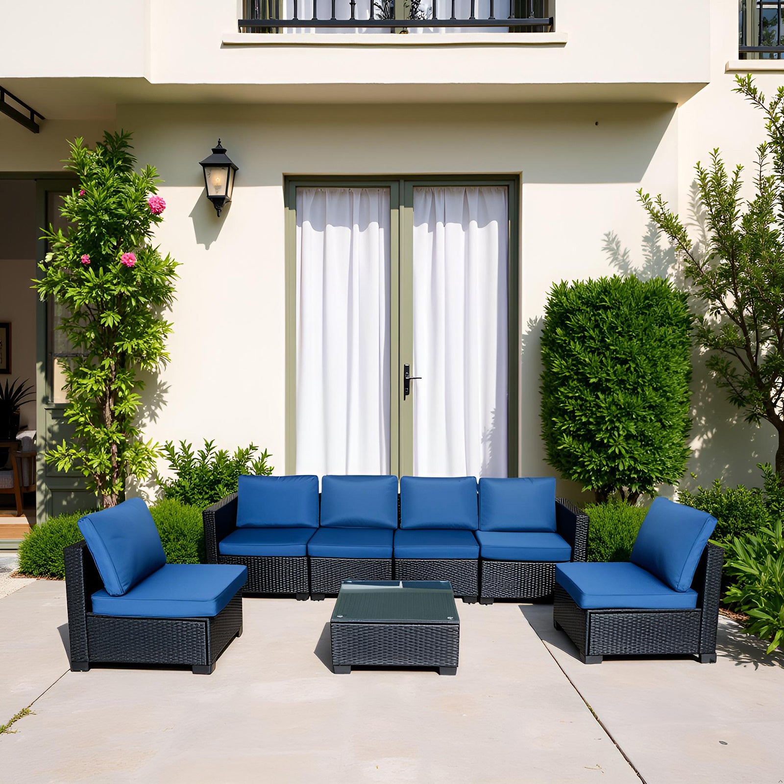 Conjunto de Sofá de Siete Piezas con Mesa y Silla de Sofá en Muebles de Exterior de Ratán PE Negro 7-JH001 Caja 3-1-2-3 con Cojín de Color Azul