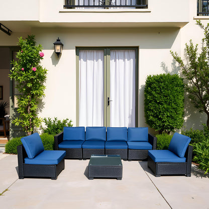 Seven-Piece Sofa Set Table With Sofa Chair Black PE Rattan Outdoor Furniture 7-JH001 Box 3-1-2-3 With Blue Color Cushion