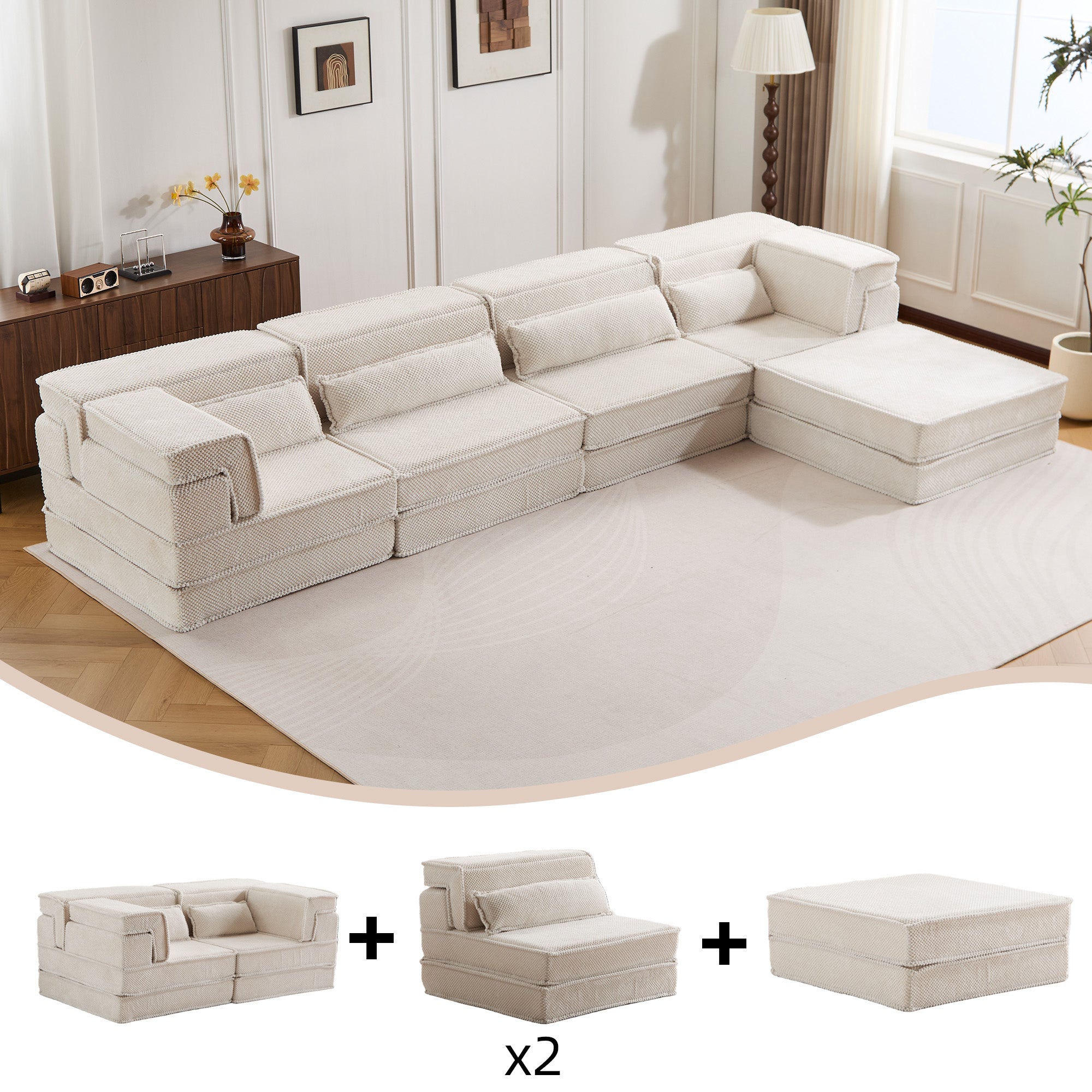 White Modular Sofa Clean Lines Fleece Fabric