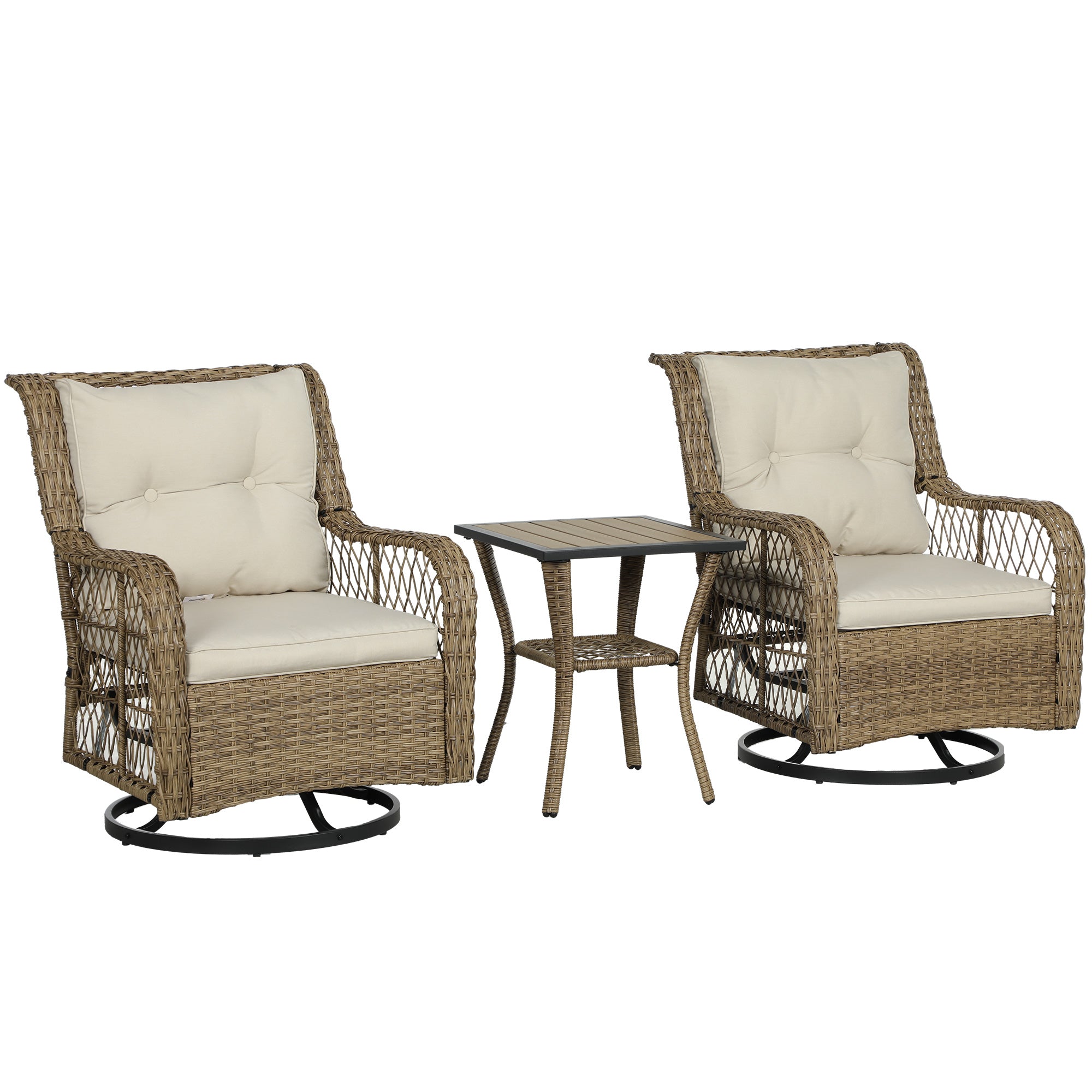 Juego de Bistro Exterior de 3 Piezas, Conjunto de Muebles Pequeños para Patio de Mimbre con Sillas Giratorias Reclinables para Balcón, Porche, Beige