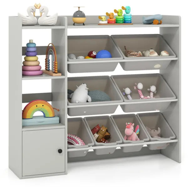 Kinder-Spielzeug-Organizer (Grau) - 112 cm x 30,5 cm x 100 cm, 8 Aufbewahrungsboxen, offene Regale + Schrank.
