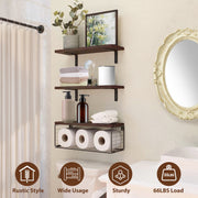 Estanterías Flotantes 2 en 1 Montadas en la Pared con Cesta de Almacenamiento Estanterías para Baño Estanterías sobre el Inodoro Estanterías de Madera para Dormitorio Sala de Estar Cocina Oficina Decoración de Pared para Plantas