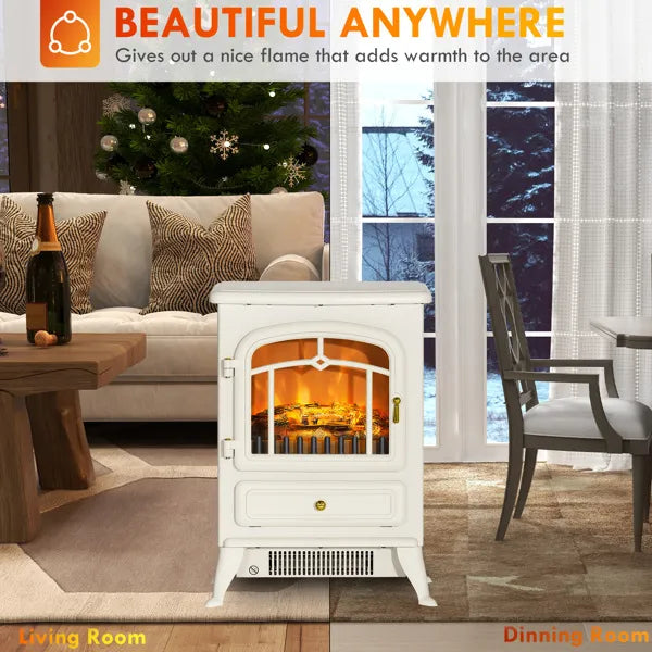 22" Elektro-Kaminheizung, freistehender Kaminofen mit realistischen LED-Flammen und Scheiten sowie Überhitzungsschutz, 750 W/1500 W, Beige
