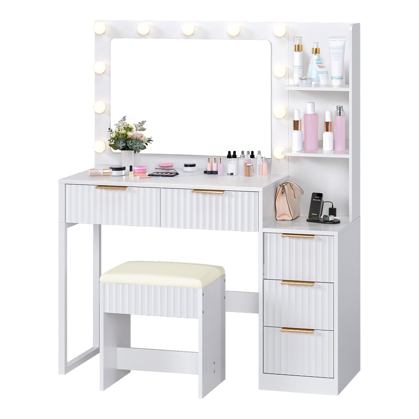 White Particleboard With A Melamine Finish, 5-drawer, 2-shelf Dressing Table Set With 11 Three-tone Light Bulbs, Power Strip, And Grille.