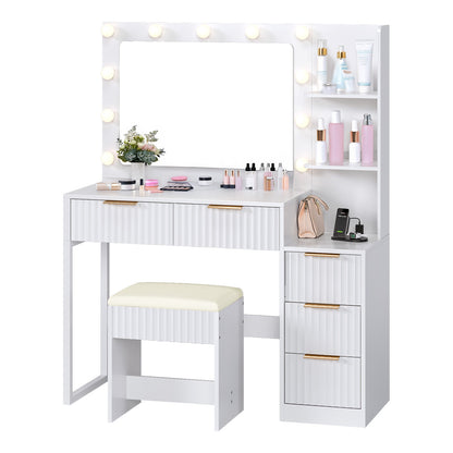 White Particleboard With A Melamine Finish, 5-drawer, 2-shelf Dressing Table Set With 11 Three-tone Light Bulbs, Power Strip, And Grille.