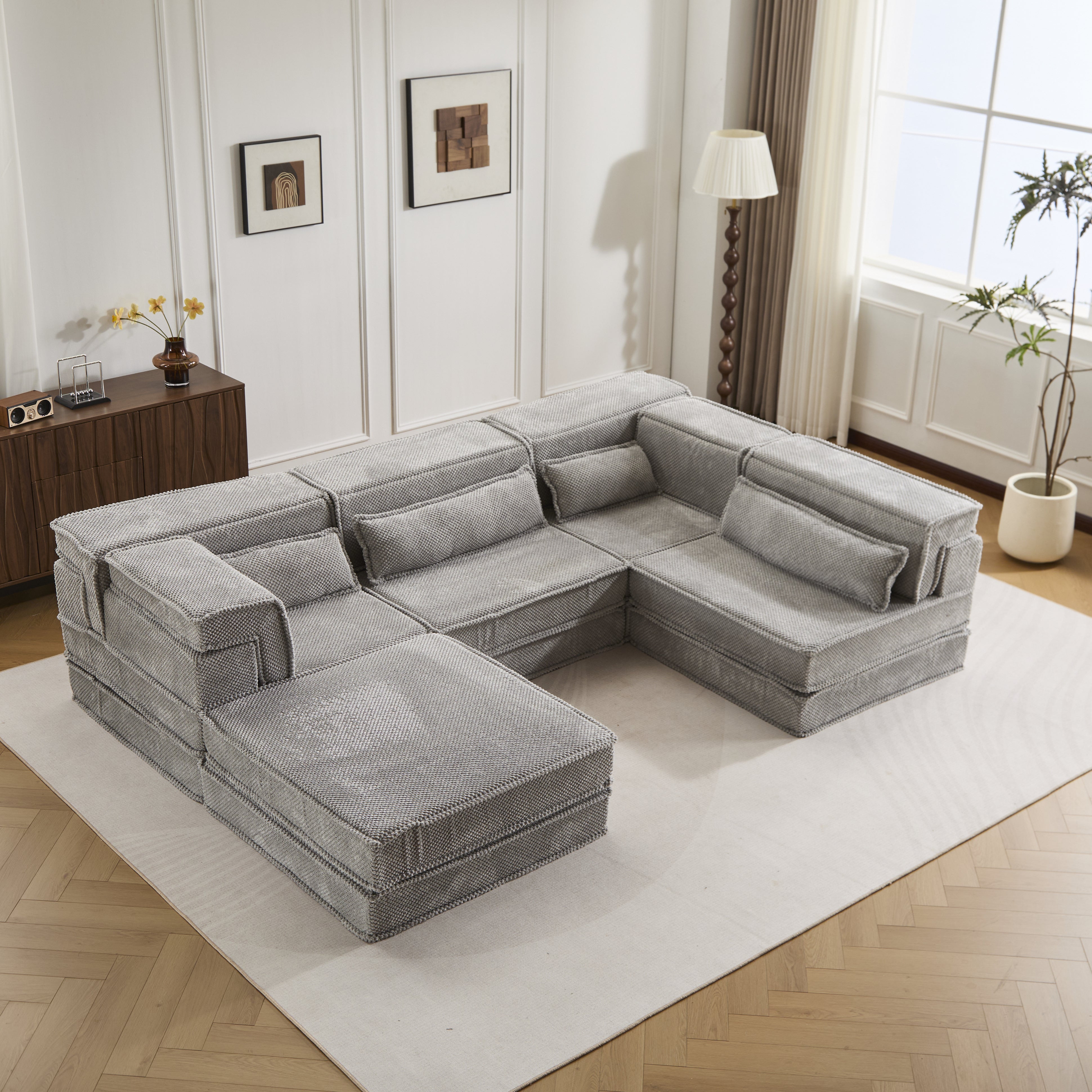 Sofá Mahjong de Compresión, Sofá Cama Convertible para el Suelo, Sofá Seccional Modular sin Huesos DIY, Sin Ensamblaje Requerido, Tejido de Lana de Cirlo, Para 4 Personas Sobredimensionado con 1 Otomana, Gris Claro