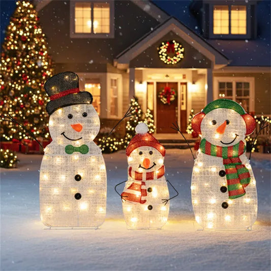 3-Piece Lighted Snowman Family Decor - 95 Warm-White LEDs, Metal+Fabric, 30.5"/25.5"/20.5" Sizes (Multi-Color)