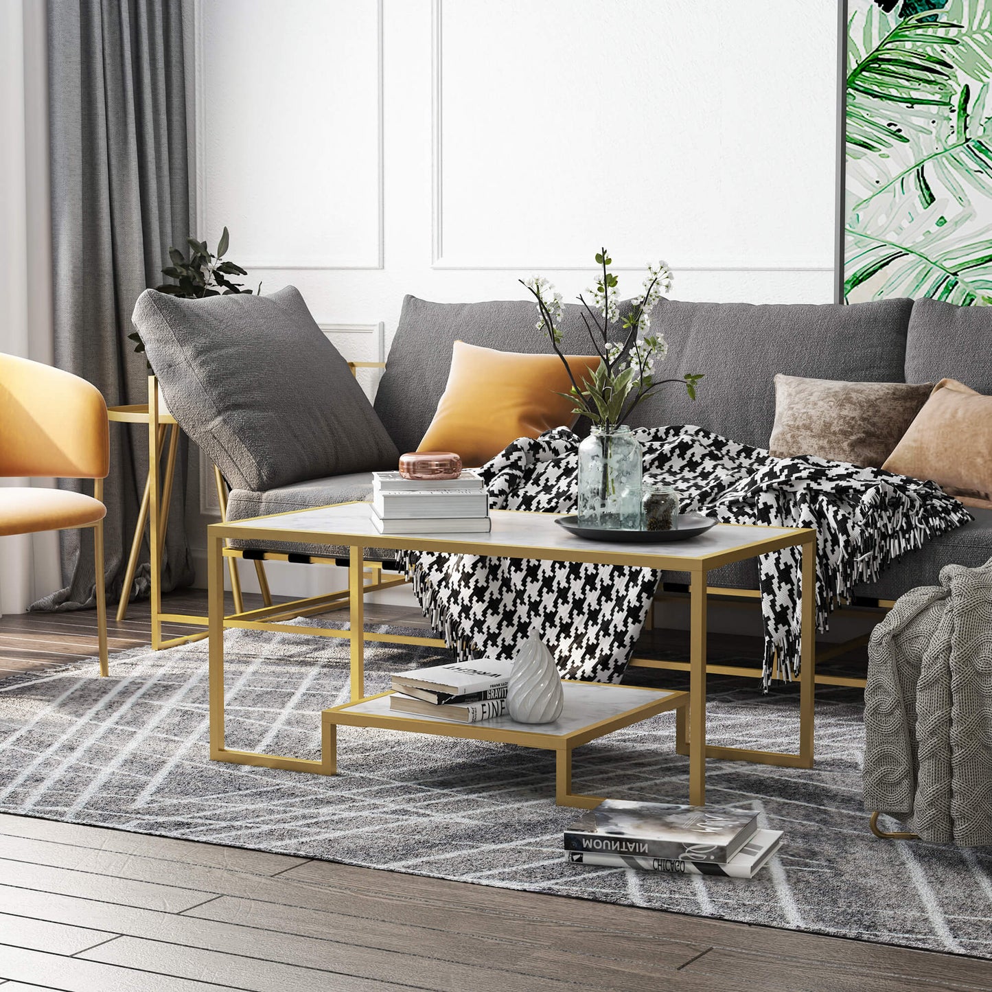 Minimalist Art Deco Coffee Table with Laminate Marble Print Table Top & Underneath Storage Shelf