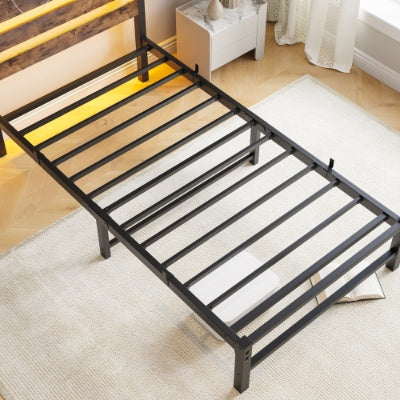 Twin Size Bed Frame Heavy Duty Platform Bed Frame With Headboard, USB Charging Station, LED Bed, No Box Spring Needed, Mattress Foundation, Strong Steel Slats, Noise Free, Brown