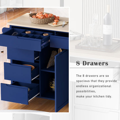 K&K Store Kitchen Cart With Rubber Wood Top, 8 Handle-Free Drawers