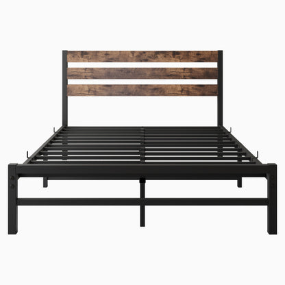 Marco de Cama Plataforma de Tamaño Completo con Cabecero de Madera Rústica Vintage, Soporte de Láminas de Metal Resistente para la Base del Colchón, No se Requiere Resorte de Caja en Marrón Rústico