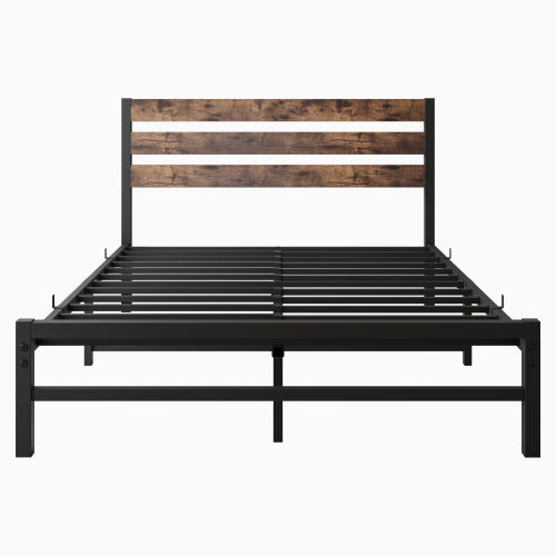 Marco de Cama Plataforma de Tamaño Completo con Cabecero de Madera Rústica Vintage, Soporte de Láminas de Metal Resistente para la Base del Colchón, No se Requiere Resorte de Caja en Marrón Rústico