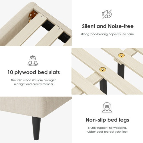 Beige Linen Storage Bed Rubber Wood Frame