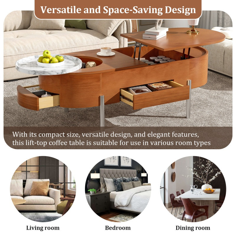 Mesa de café elevable de 47,2 pulgadas con bandeja giratoria de 360 grados con patrón de mármol, tablero ovalado elevable moderno, plataforma prohibida Temu