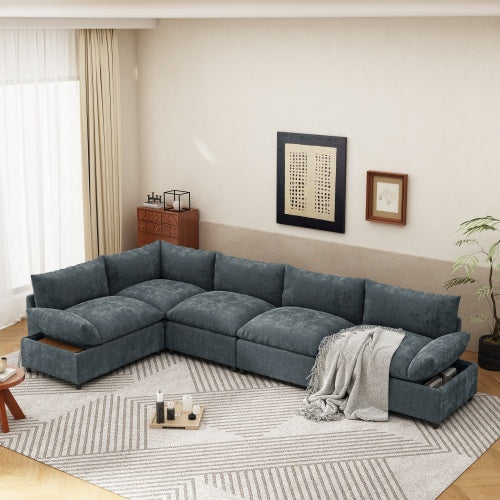 Sofá Seccional Modular de 115.5 Pulgadas en Gris Profundo con Tapicería de Poliéster Duradero, Cojines Mullidos, Compartimentos de Almacenamiento Ocultos y Diseño Versátil para Sala de Estar, Salón o Oficina
