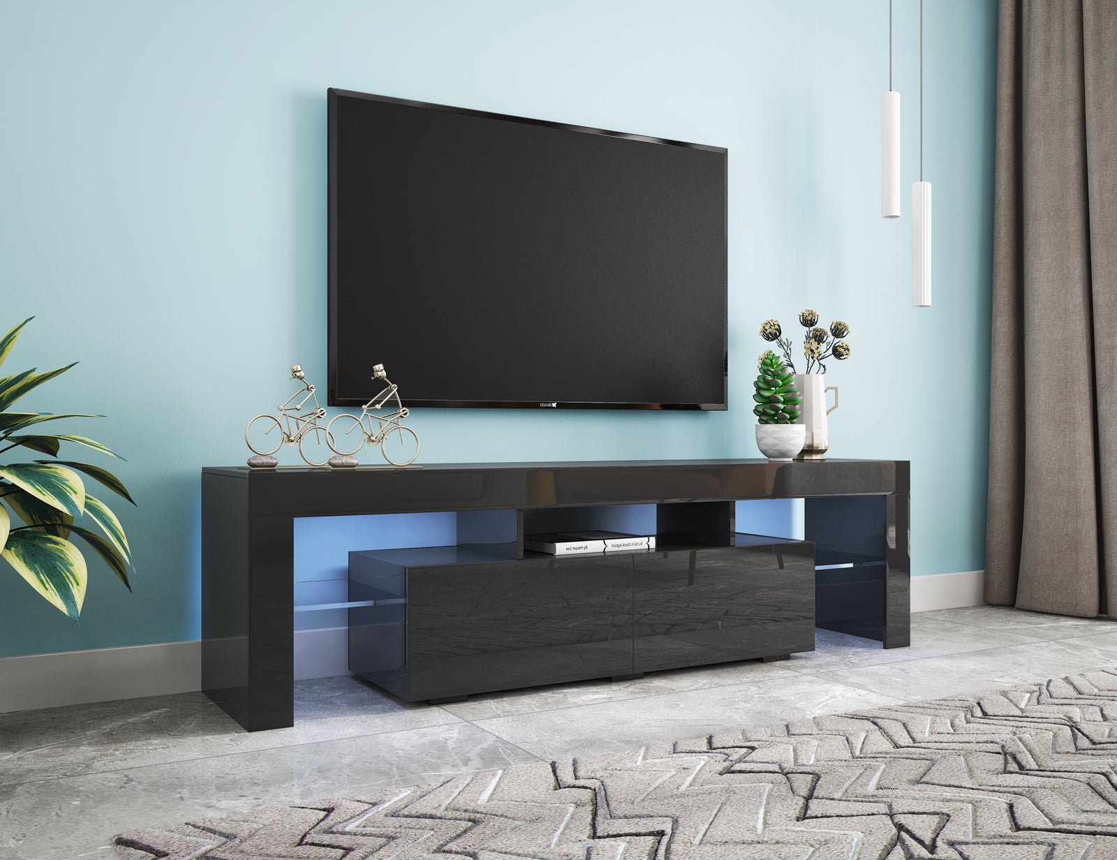 Mueble de TV Moderno Negro 20 Colores Mueble de TV LED Con Luces de Control Remoto