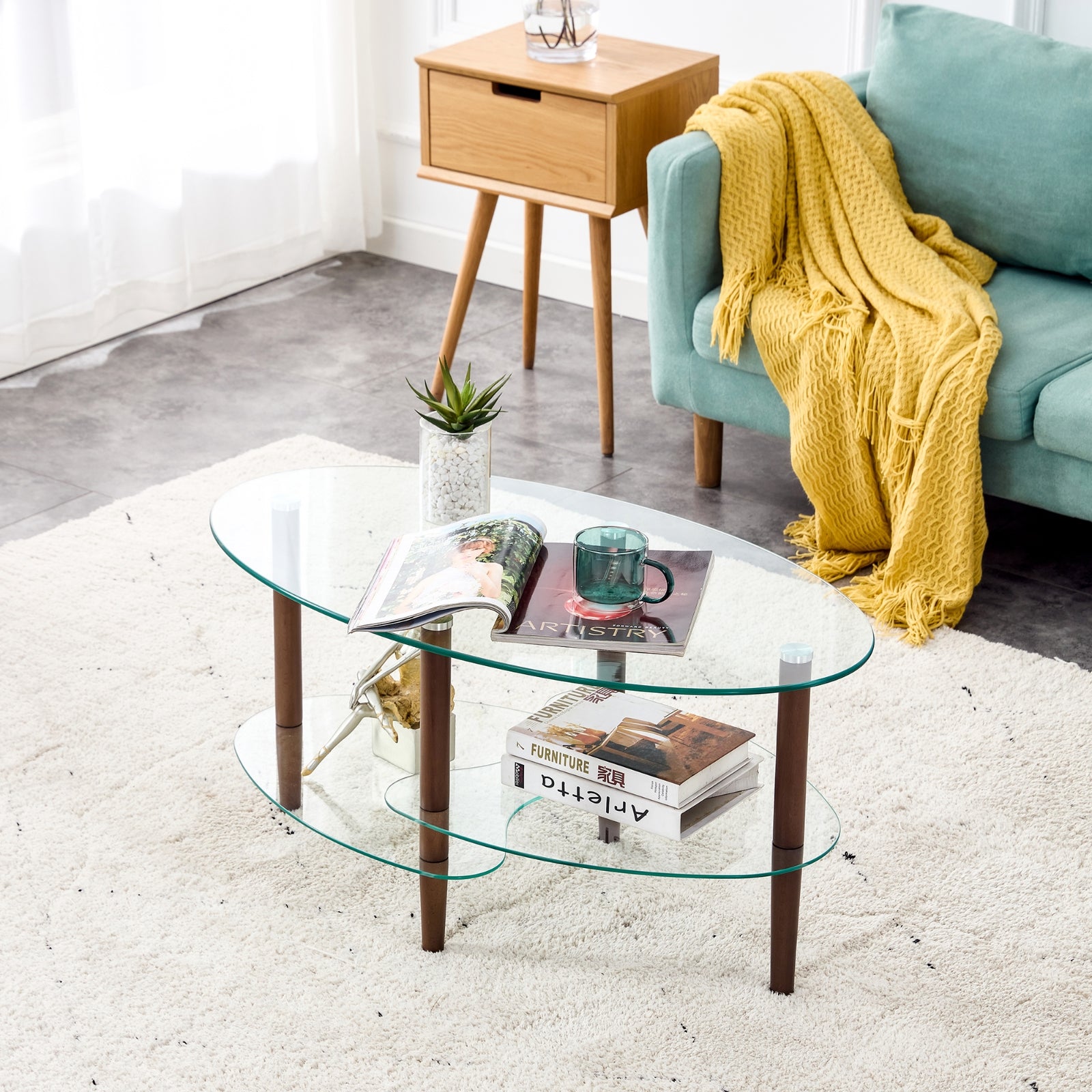 Glass Oval Coffee Table Oak Legs Three-Layer