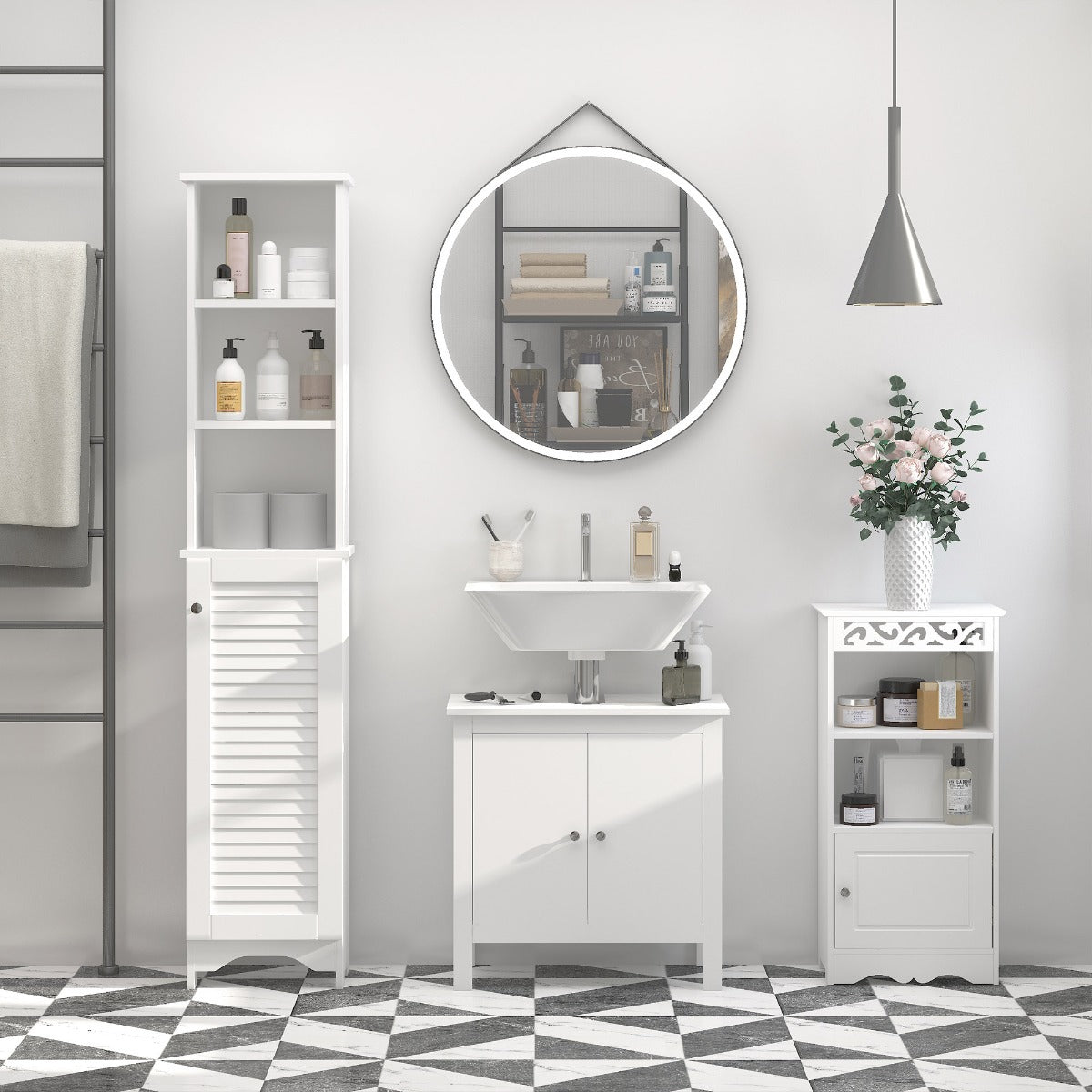 Tall Bathroom Storage Cabinet/Freestanding Tower with 3-Tier Open Adjustable Shelf and Cupboard