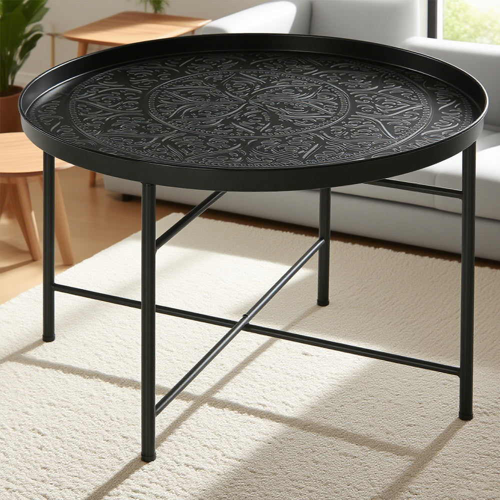 Mesa de Centro para Sala de Estar, Mesa Redonda de 24 Pulgadas con Bandeja Martillada en la Parte Superior y Marco de Metal para Dormitorio, Negro