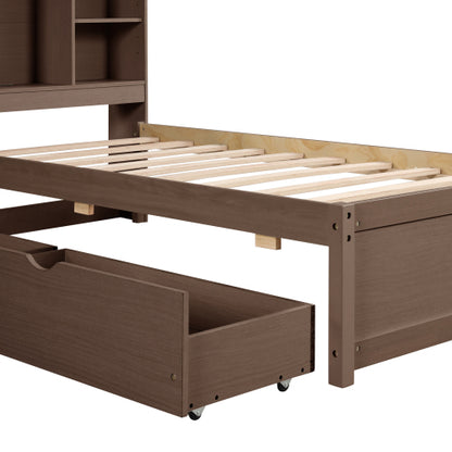 Estructura de Cama Moderna de Tamaño Individual con Puerto USB Integrado en el Cabecero con Estantería y 2 Cajones para Color Nogal