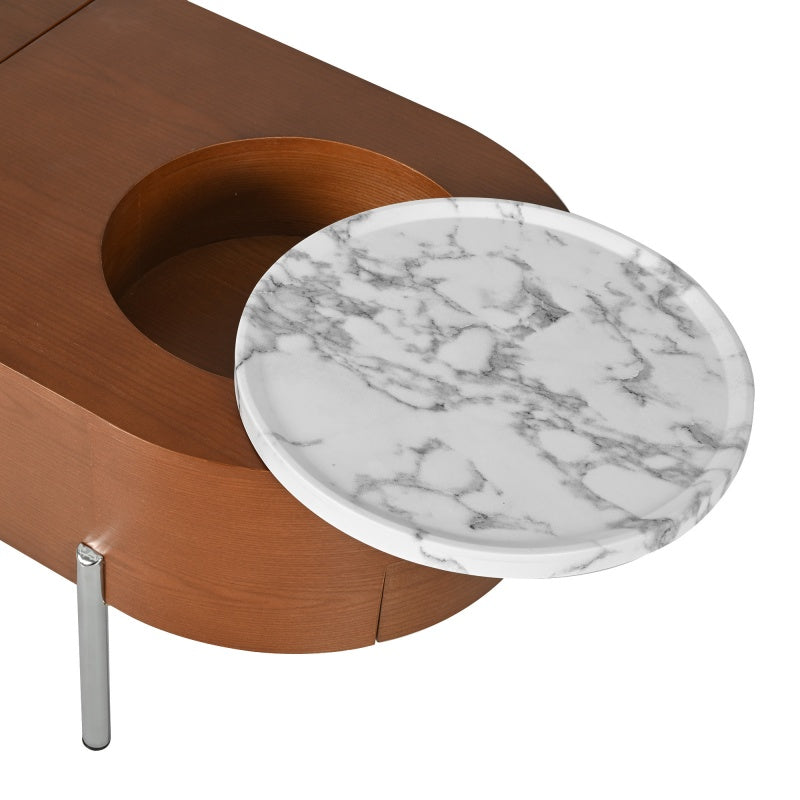 Mesa de café elevable de 47,2 pulgadas con bandeja giratoria de 360 grados con patrón de mármol, tablero ovalado elevable moderno, plataforma prohibida Temu