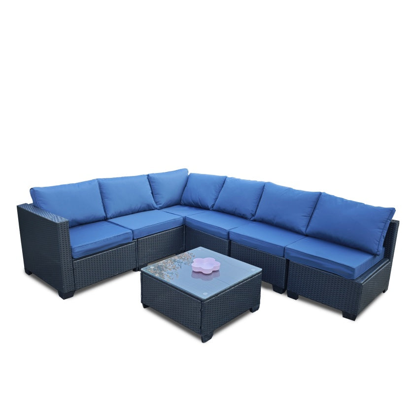 Blue Cushioned Rattan Sofa Set