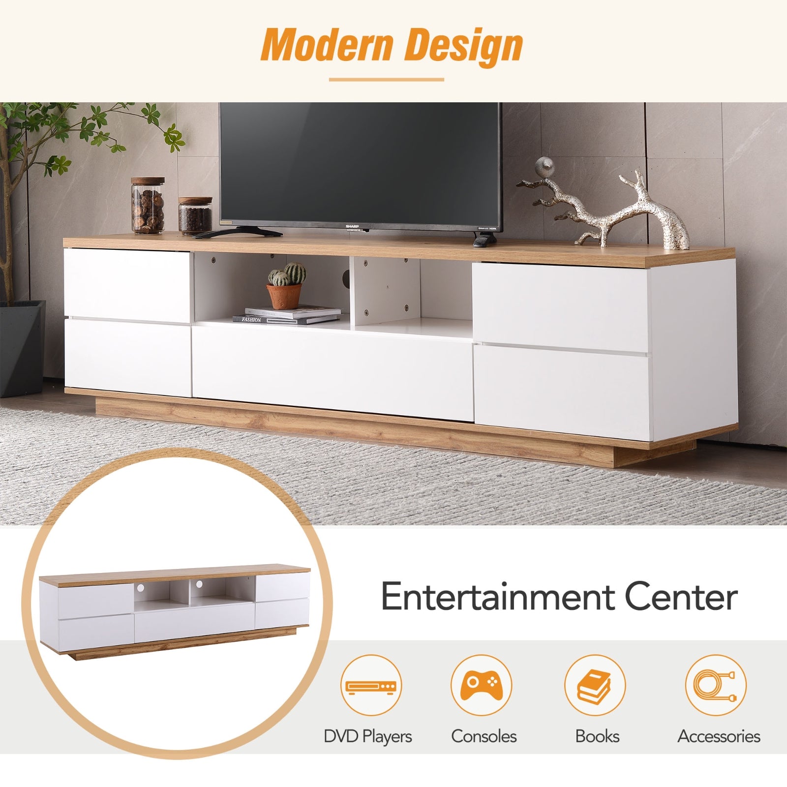 Mueble de TV Moderno para Televisores de Hasta 80'', Consola de Medios con Almacenamiento Multifuncional