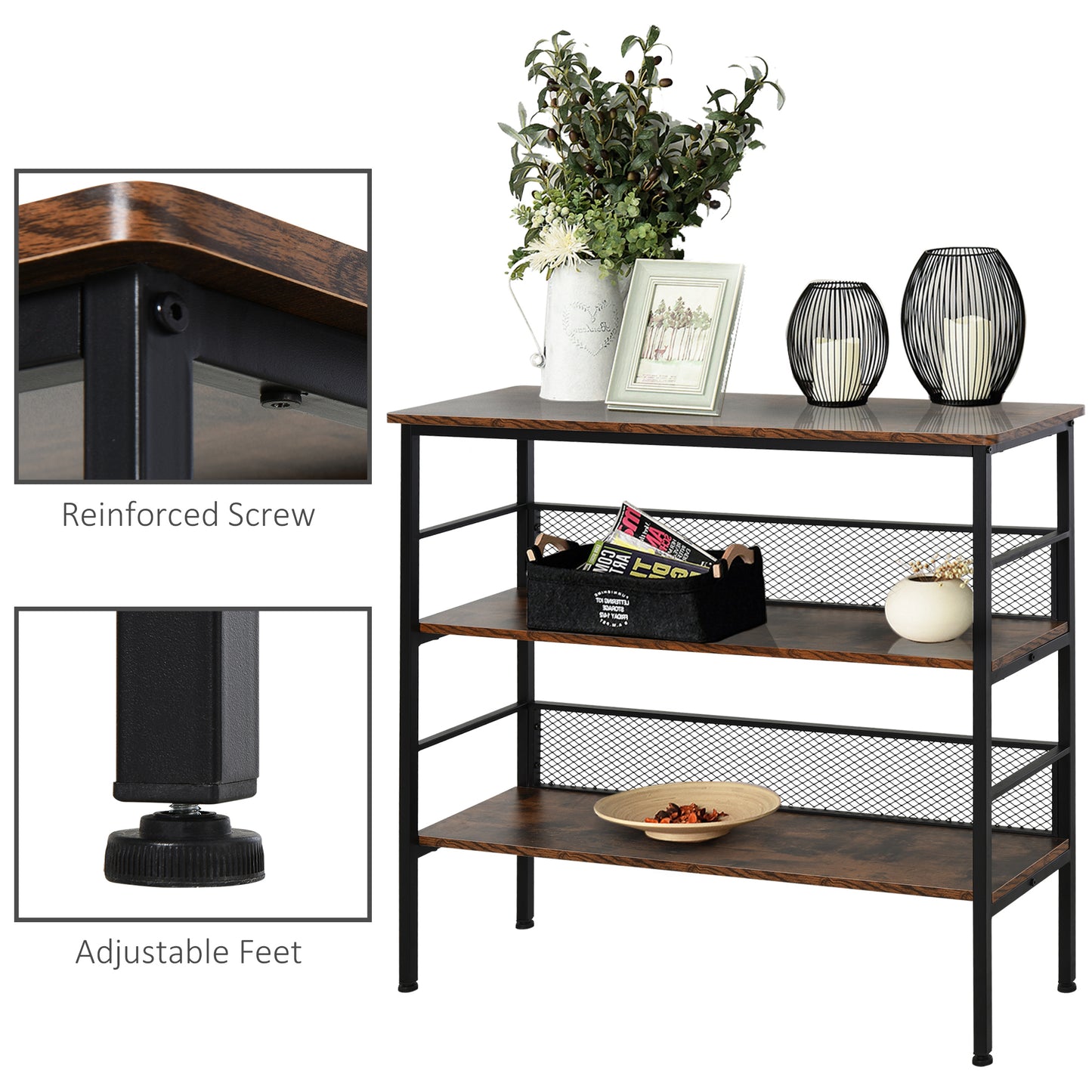 3-Tier Console Table Industrial Style Storage Shelf with a Robust Multi-Functional Design & Adjustable Feet