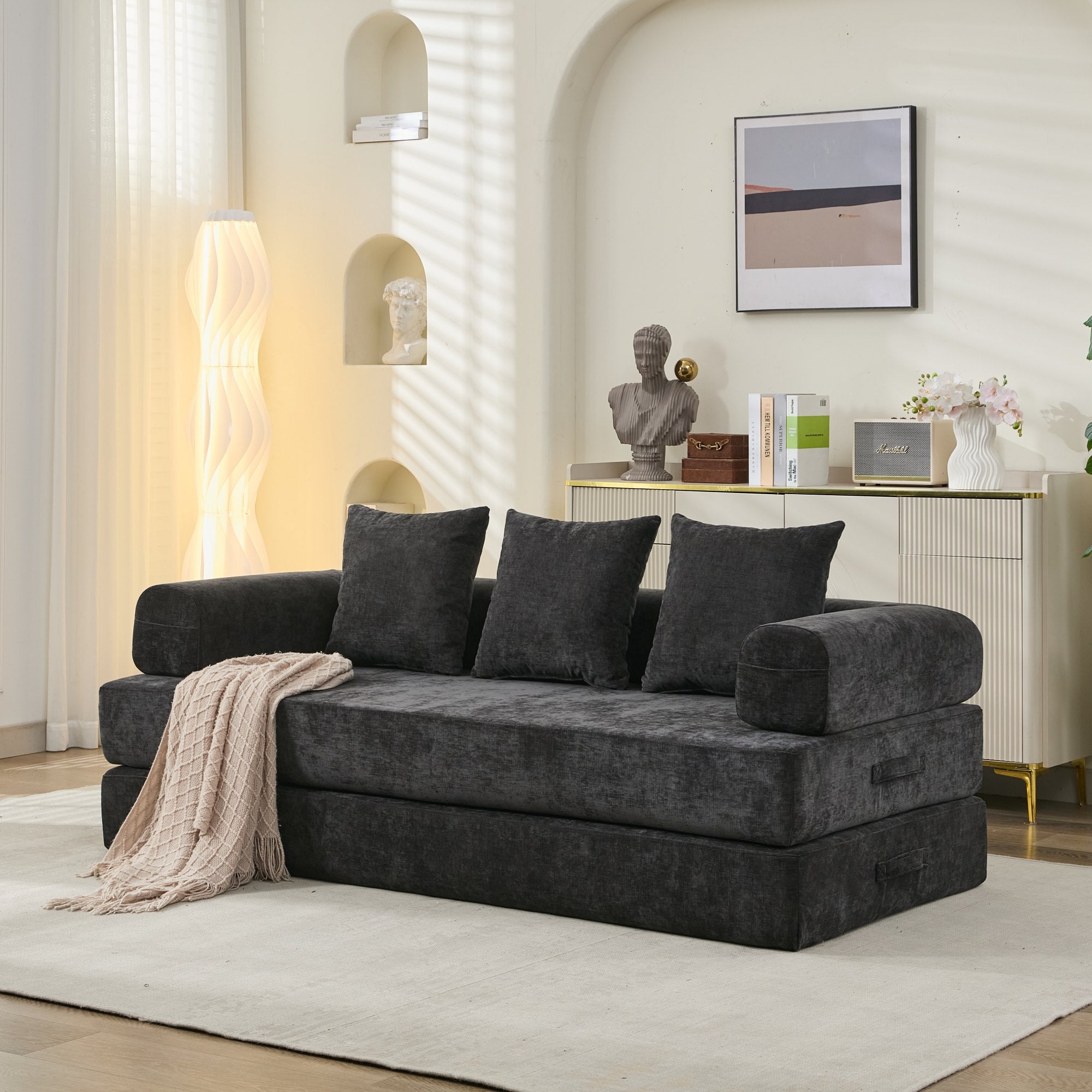 Sofá Cama Plegable Convertible Cómodo, Sofá Cama de Suelo, Sofá de Suelo de Chenille con Reposabrazos, Sofá Lounge de Suelo para Sala de Estar, Dormitorio, Lounge o Estudio-Negro