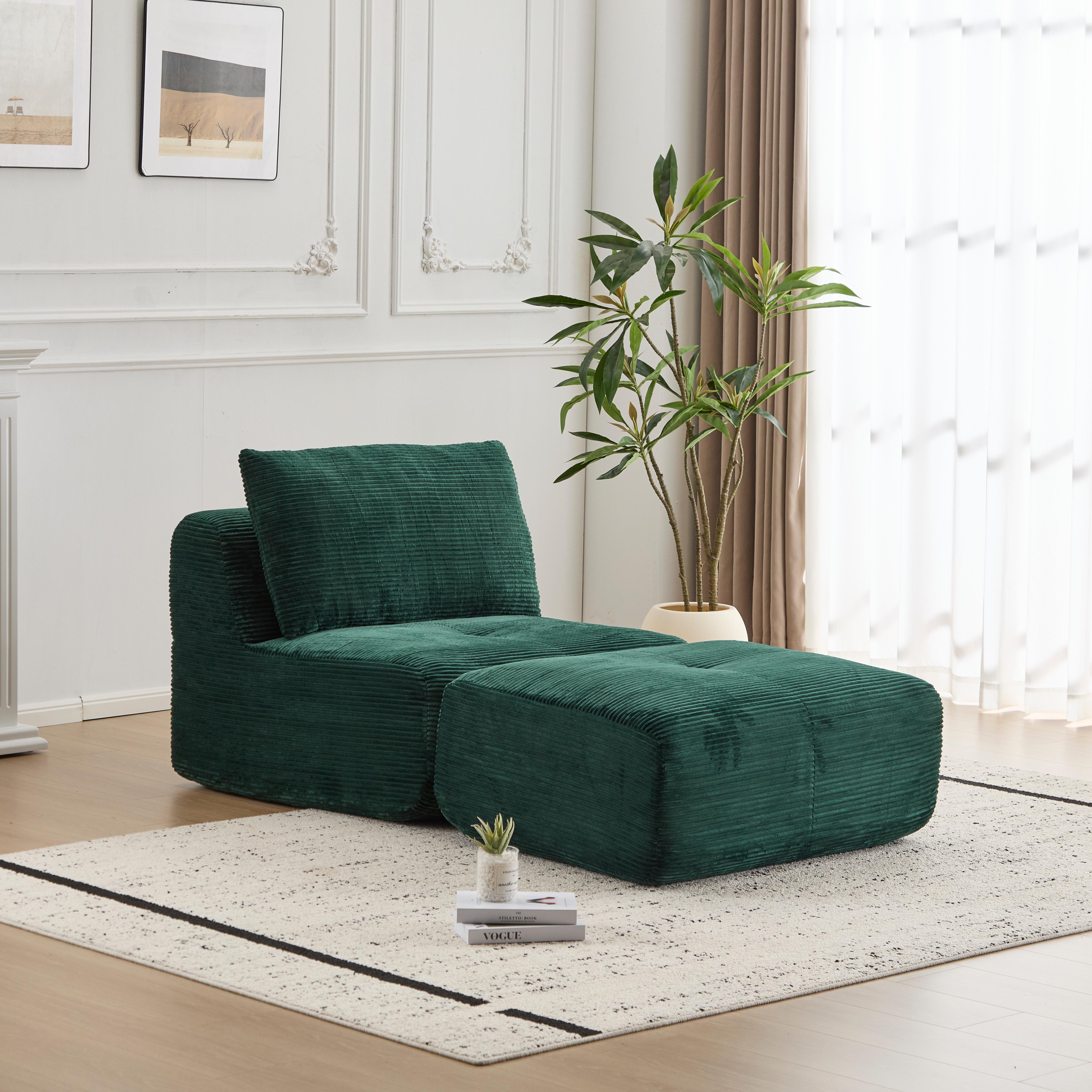 Sofá Comprimido de Espuma de Memoria Moderna, Chaise Longue Individual para Sala de Estar, Sofá Seccional Modular Amigable con Mascotas en Forma de Nube, Tela de Corduroy, Otomana Móvil, Sin Ensamblaje Requerido, Verde