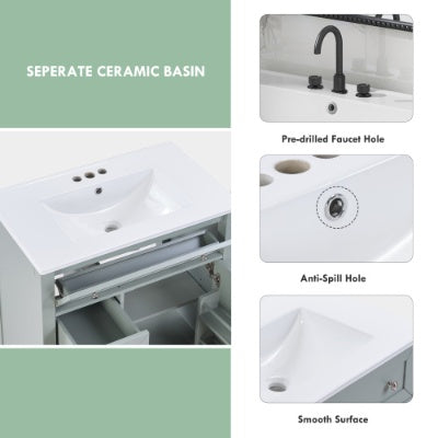 Lavabo de Baño en Madera Maciza con Fregadero de Cerámica de Montaje Inferior, 12 Guías de Cajón de Cierre Suave, Cajón Volteable, Cajón de Almacenamiento Único, Estante Ajustable, Capacidad de Carga de 70 kg, Gris
