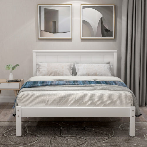 Estructura de Cama Plataforma con Cabecero, Soporte de Lamas de Madera, No se Requiere Resorte de Caja, Individual, Blanco