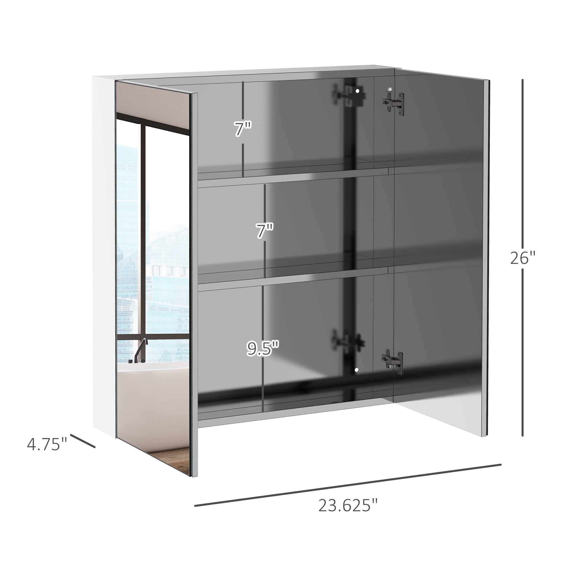 Kleankin Badezimmerschrank mit Spiegel 3-stufiger Edelstahl-Aufbewahrung Silber