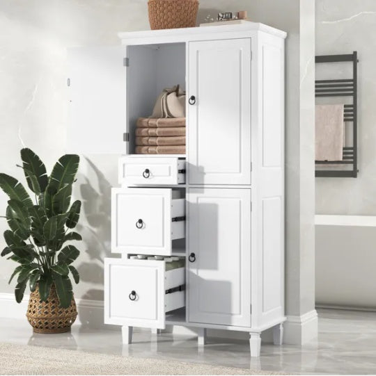 Gabinete de Almacenamiento Retro Multifuncional con Estanterías Ajustables, 3 Cajones y 3 Compartimentos Cerrados Organizador Estiloso y Versátil para Sala de Estar, Cocina o Oficina, Blanco