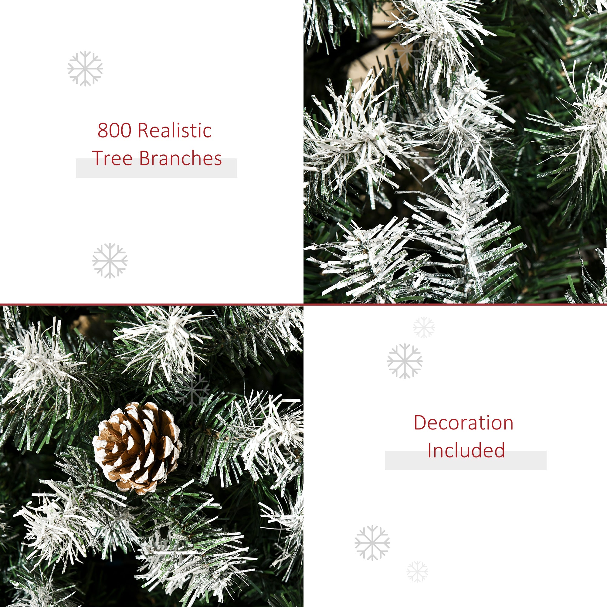 HOMCOM 1,8 m hoher, unbeleuchteter, schneebedeckter voller Fichten-Kunstweihnachtsbaum mit realistischen Ästen, 61 Zapfen und 800 Spitzen