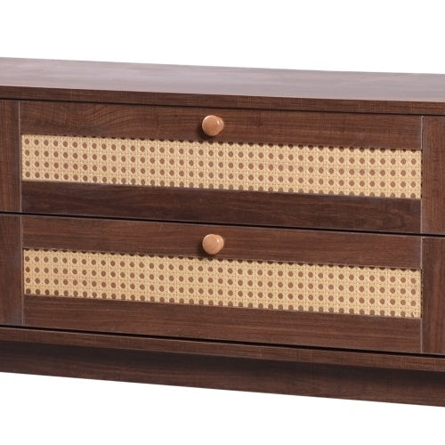 Mueble de TV de Ratán para TVs Hasta 75'', Consola de Medios Moderna Estilo Granja, Centro de Entretenimiento con Patas de Madera Maciza, Gabinete de TV para Sala de Estar, Cine en Casa