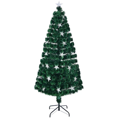 6FT Vorbeleuchteter Glasfaser-Weihnachtsbaum mit großen Sternen, künstlicher Weihnachtsbaum Fichte mit farbwechselnden Glasfaserlichtern, mit Metallständer, vollständiger Baum für die Feiertagsdekoration