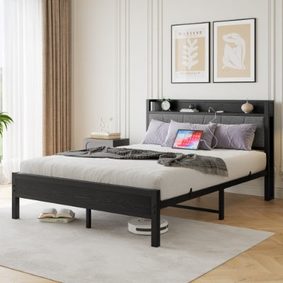 Estructura de Cama de Tamaño Queen, Cabecero con Almacenamiento y Estación de Carga, Sólida y Estable, No Requiere Colchón de Muelles, Ensamblaje Fácil