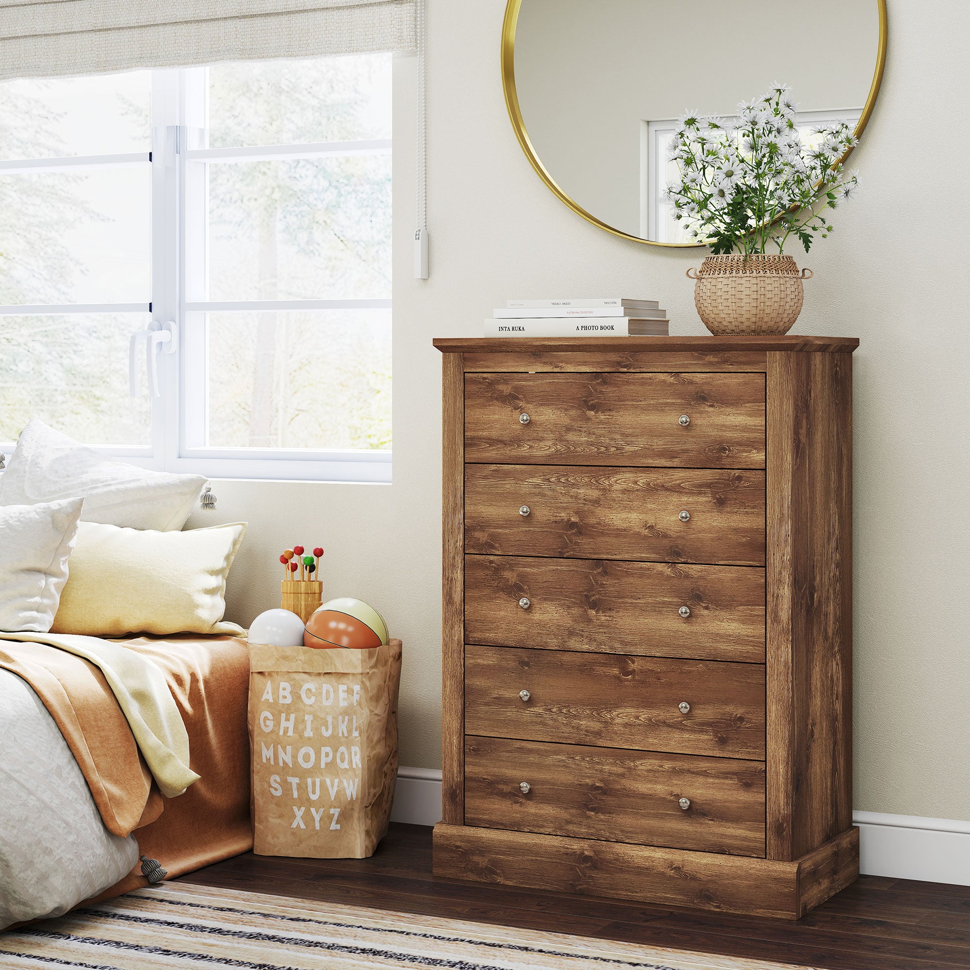 Cómoda de Granja Ancha de 31 Pulgadas con 5 Cajones, Mueble para Dormitorio con Superficie de Madera para Sala de Estar, Marrón