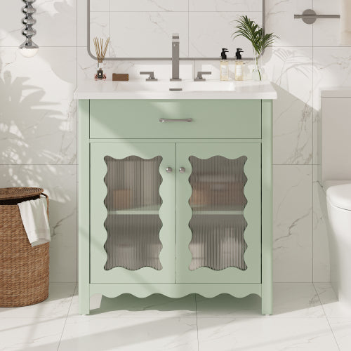 31-Zoll-Badwaschtisch mit gehärtetem Glas, moderner Badezimmerschrank mit Beinen aus Gummibaumholz und Schiebetüren mit Weichschließfunktion, Grün
