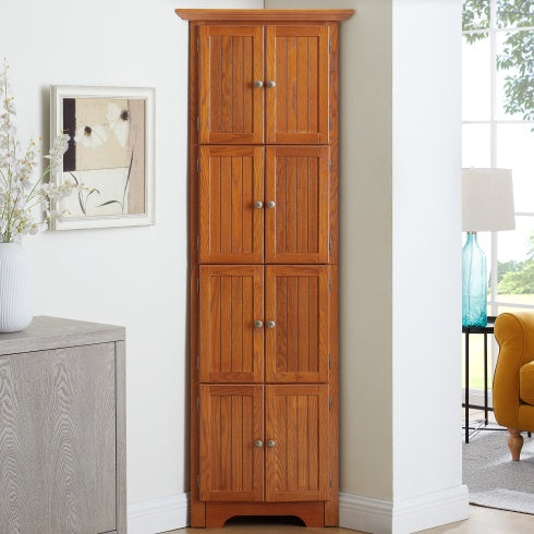 Gabinete de Almacenamiento para Despensa de Cocina Esquinero de 72 Pulgadas con 4 Niveles y 8 Puertas, Gabinete Alto de Almacenamiento Esquinero con Estanterías Ajustables, Estantería para Hogar de Estilo Granja para Baño, Sala de Estar, Cocina en Roble